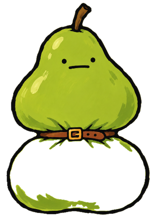 A green pear with a brown leather belt cinched tightly around its middle, brass buckle centered, wearing a perfectly neutral face